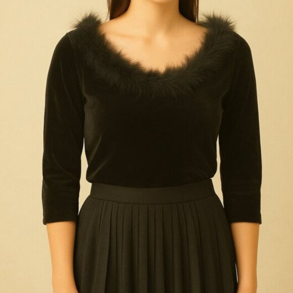 Vintage Black Velvet Feather Trim Top Y2K Party Holiday Glam Whimsigoth Size L - Picture 1 of 7